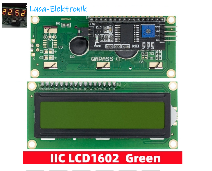 LCD 1602 Display I2C HD44780 LCD-I2C Modul Grün